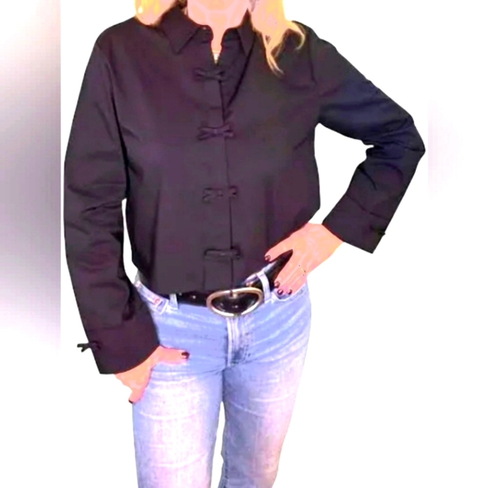 Edith Top by Taylor Tillman Black Buttondown with Bows Down the Front Size Large
